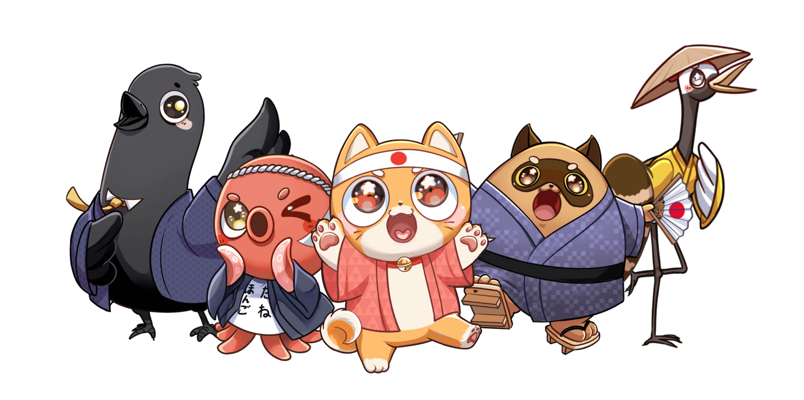 Maskot Tanehongo: Tarasu, Tako, Taneko, Tanuki, Tatsuru