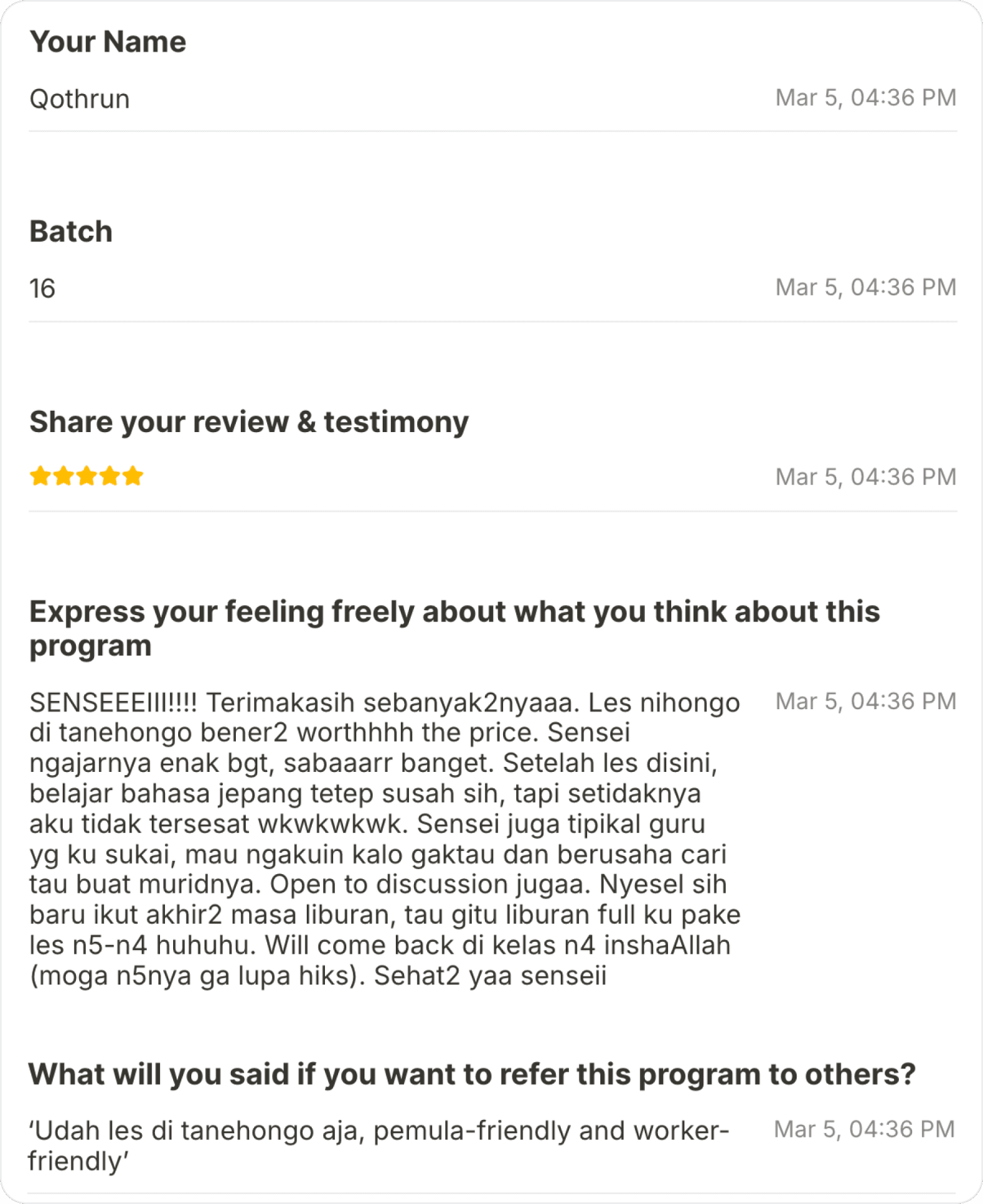 Testimoni dari Qothrun - Batch 16